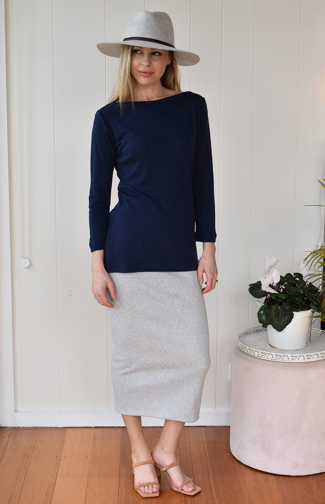 French Navy Blue Women's Merino Wool Slit Neck Top with 7/8 Sleeves