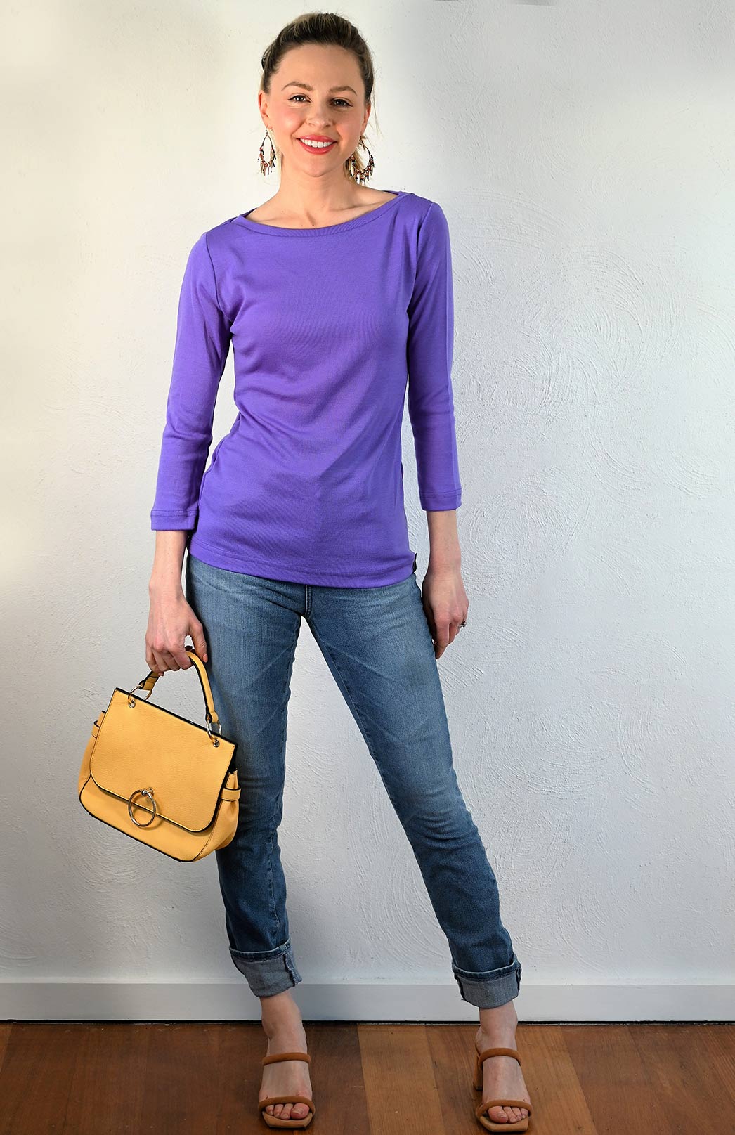 Periwinkle Purple Women's Merino Wool Slit Neck Top with 7/8 Sleeves