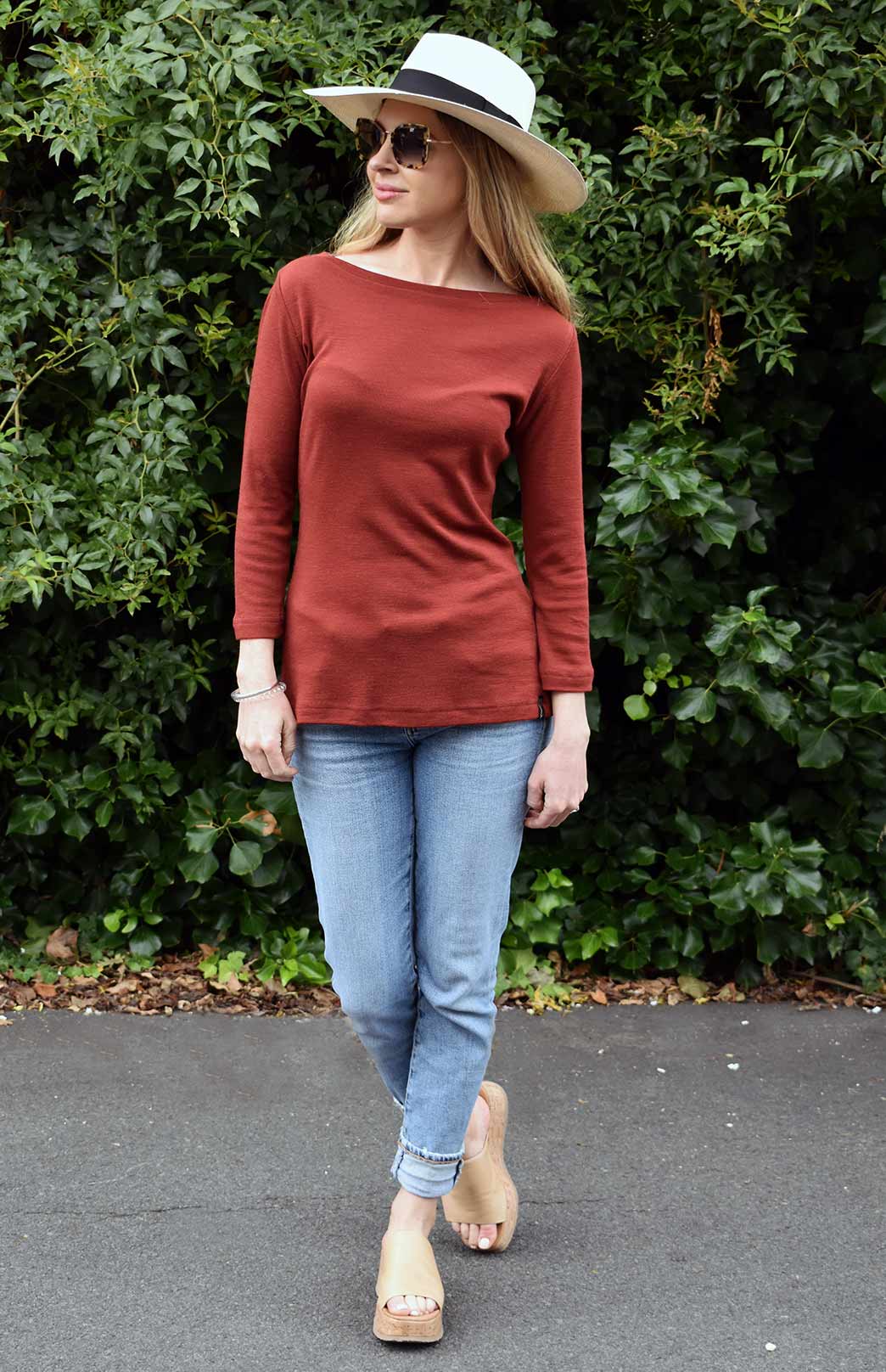 Shiraz Red Women&#39;s Merino Wool Slit Neck Top with 7/8 Sleeves
