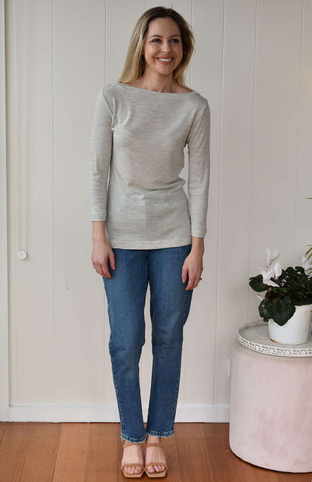 Vanilla & Grey Pinstripe Women's Merino Wool Slit Neck Top with 7/8 Sleeves