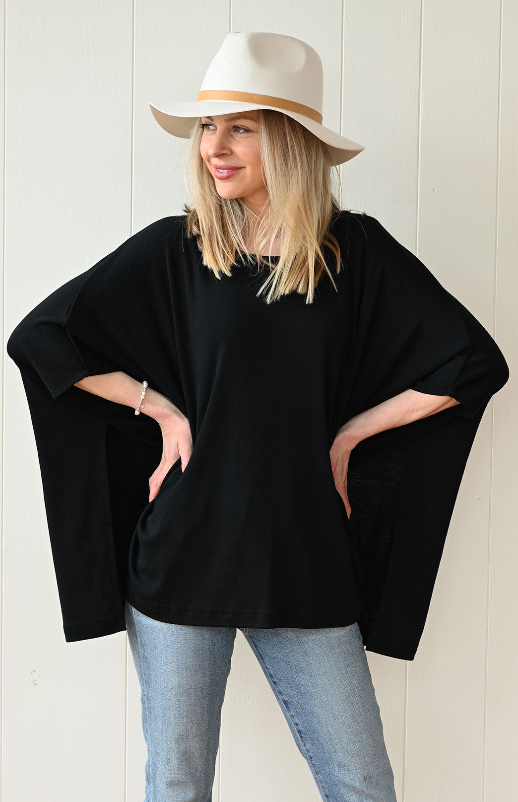 Black Women's Merino Wool Boxy Poncho Top