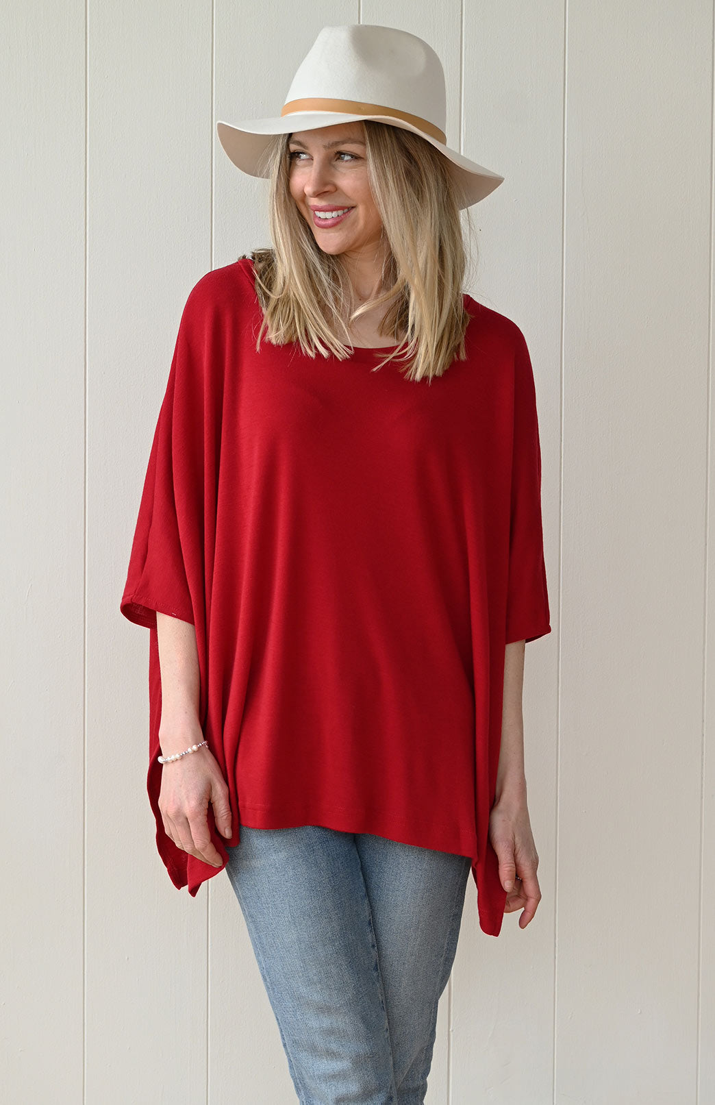 Chilli Red Women's Merino Wool Boxy Poncho Top