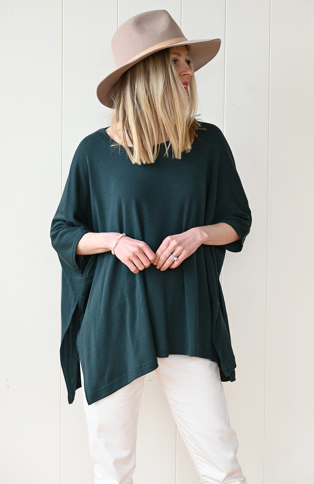 Deep Sea Green Women's Merino Wool Boxy Poncho Top