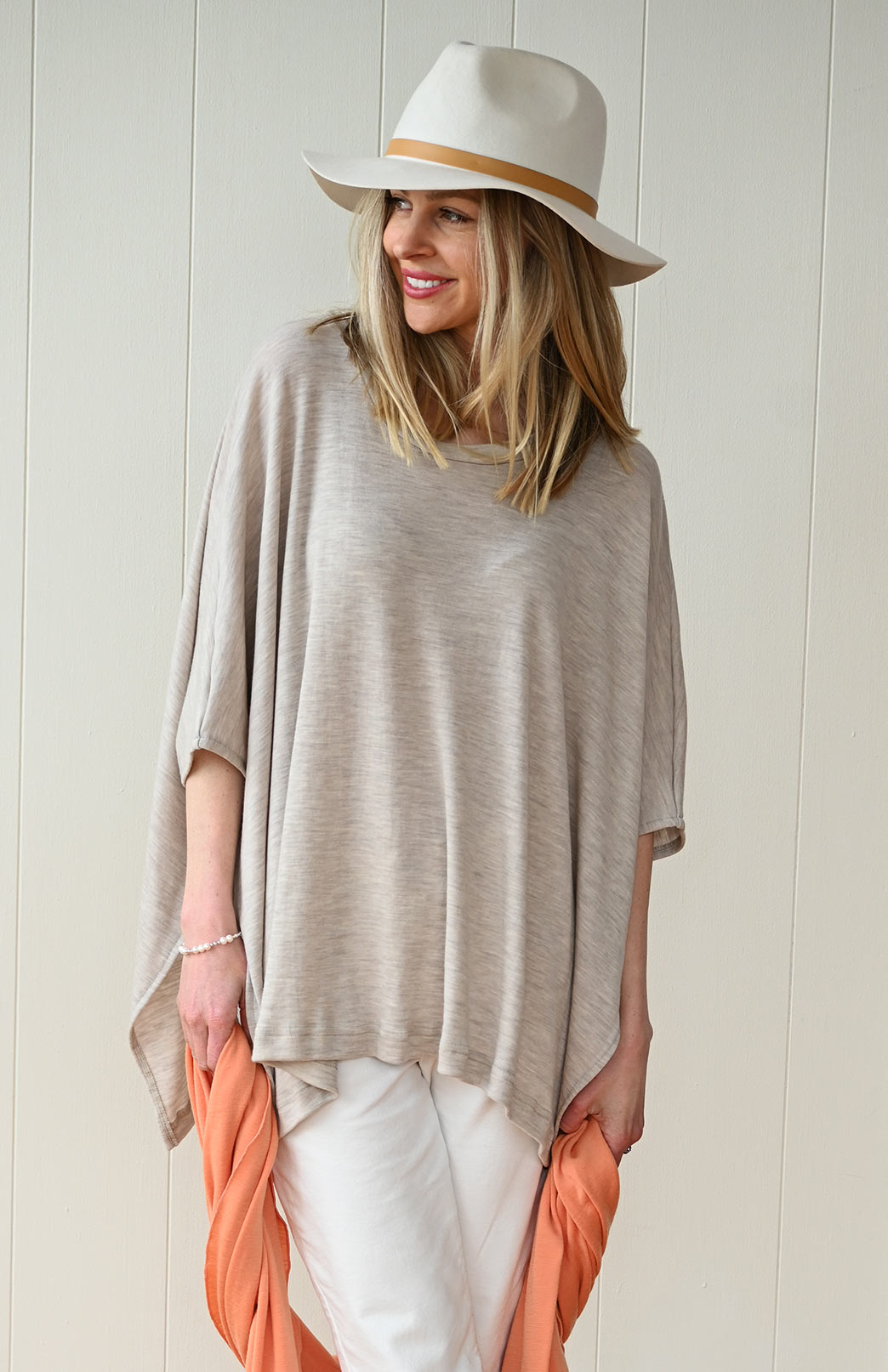 Oatmeal Marl Women's Merino Wool Boxy Poncho Top