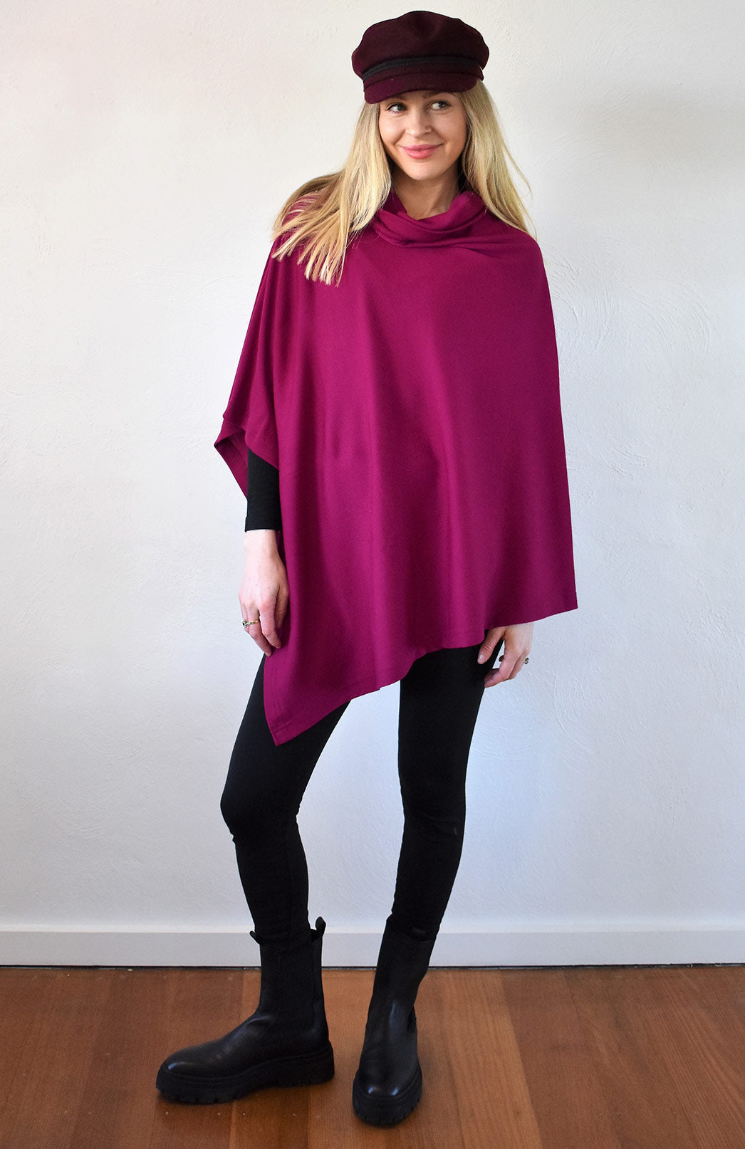 Magenta Women's Merino Wool Polo Neck Poncho