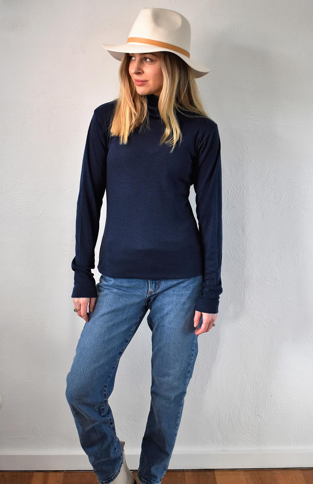 French Navy Blue Women's Merino Wool Long Sleeve Top