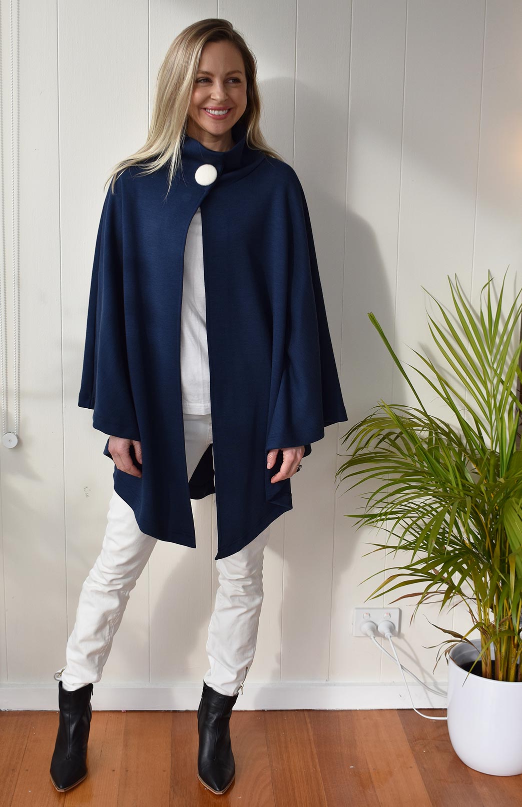 French Navy Blue Merino Wool Cape with Magnetic Button Neck Fastening 
