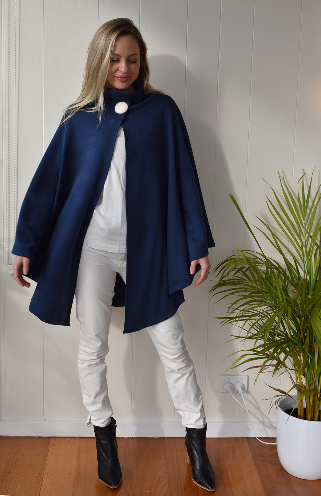 French Navy Blue Merino Wool Cape with Magnetic Button Neck Fastening 