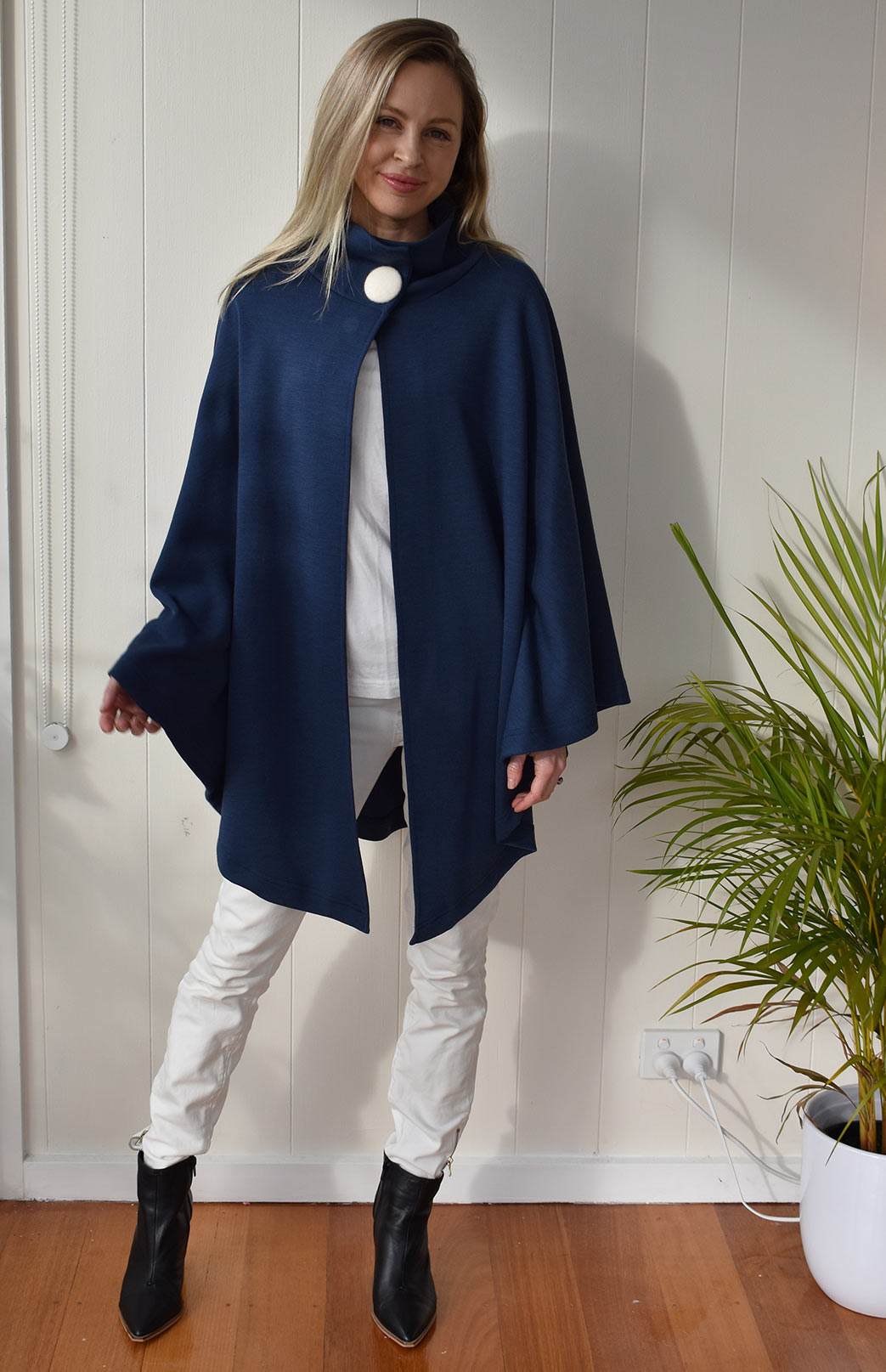 French Navy Blue Merino Wool Cape with Magnetic Button Neck Fastening 