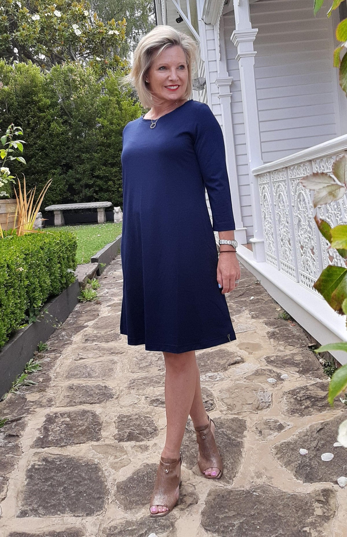 French Navy Blue Women's Merino Wool Swing Dress