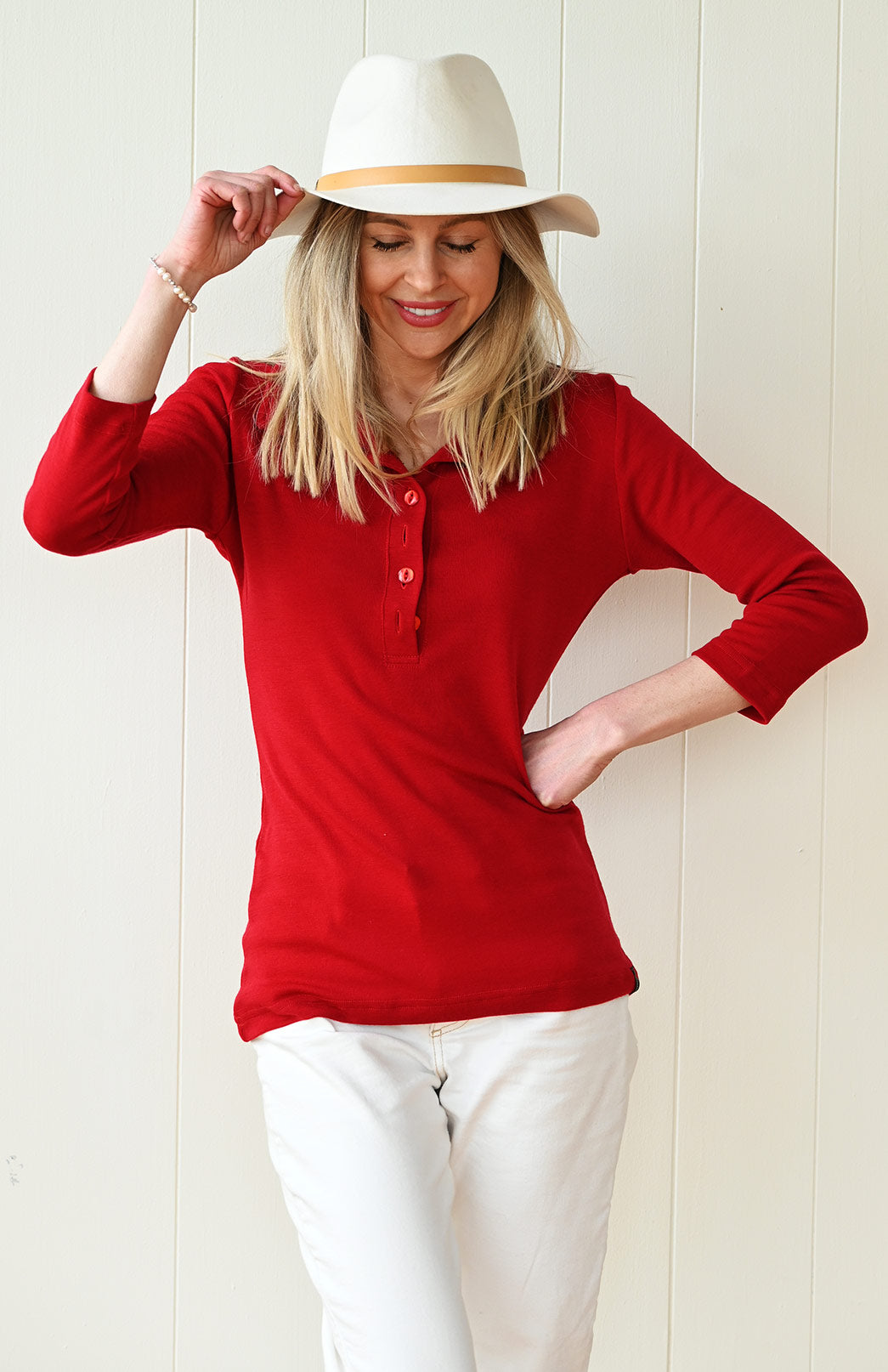 Chilli Red Women's Merino Wool Collared 7/8 Sleeve Top with Buttons