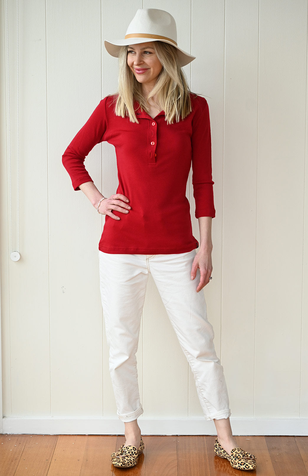 Chilli Red Women's Merino Wool Collared 7/8 Sleeve Top with Buttons