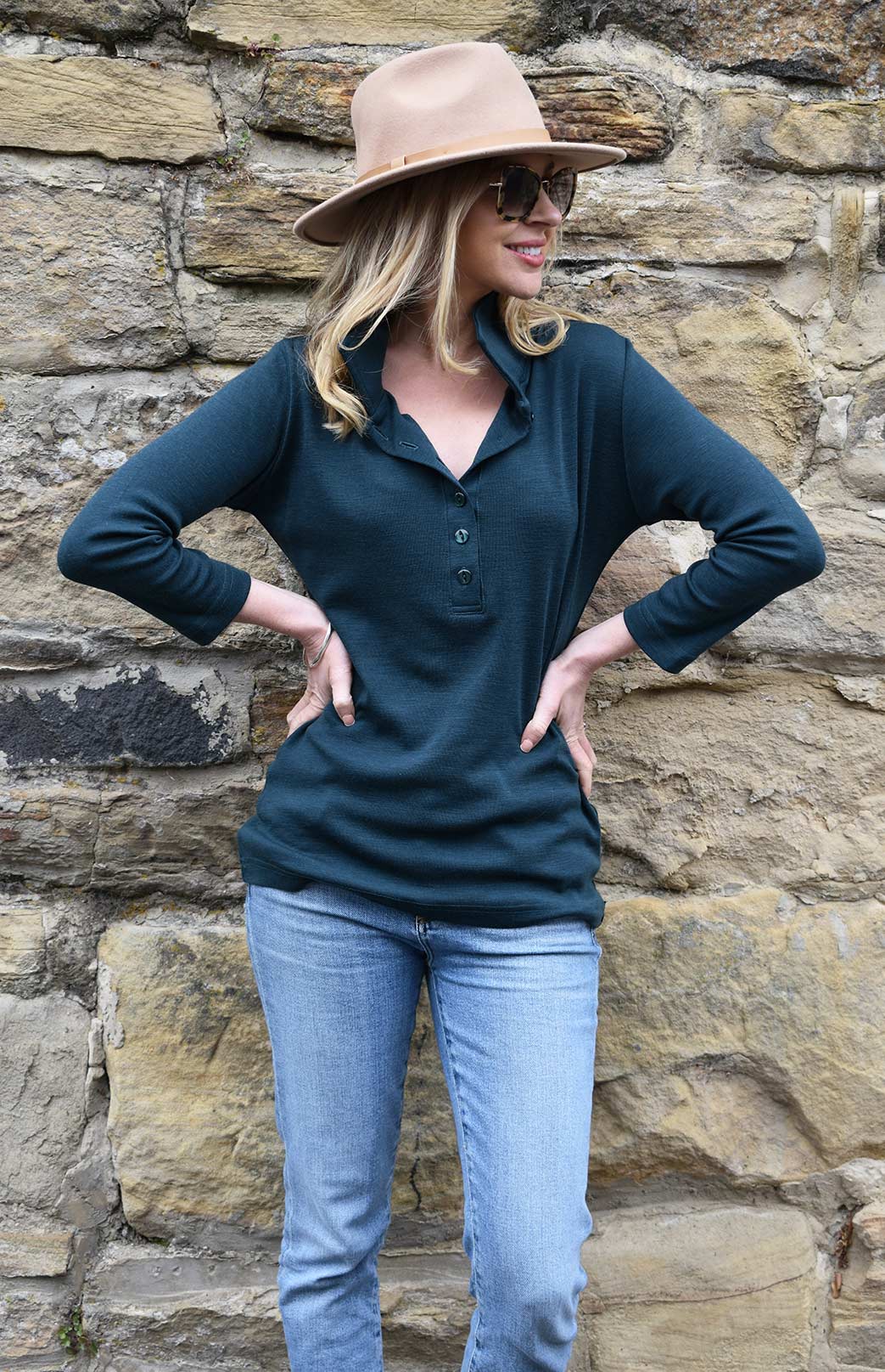 Deep Sea Green Women's Merino Wool Collared 7/8 Sleeve Top with Buttons