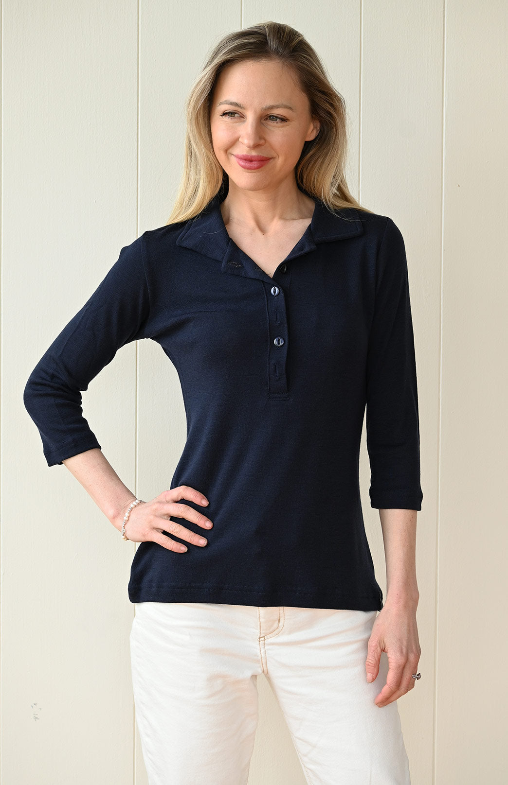 Midnight Blue Women's Merino Wool Collared 7/8 Sleeve Top with Buttons