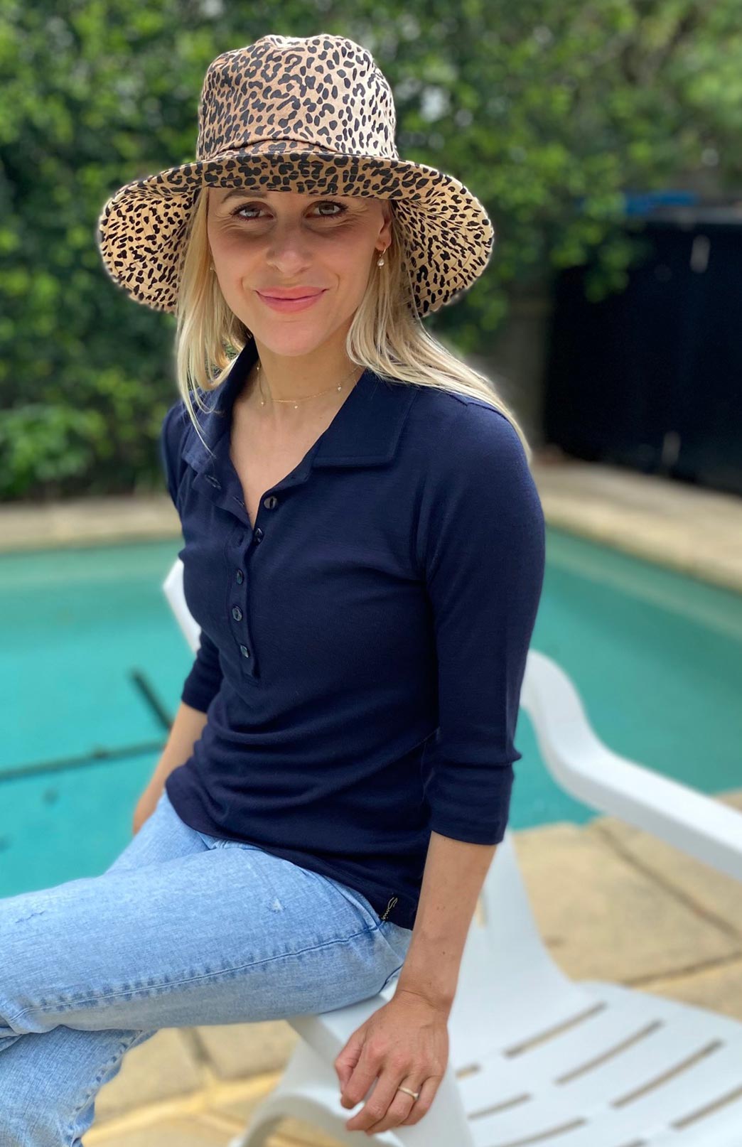 Navy Blue and Ivory Stripe Women&#39;s Merino Wool Collared 7/8 Sleeve Top with Buttons
