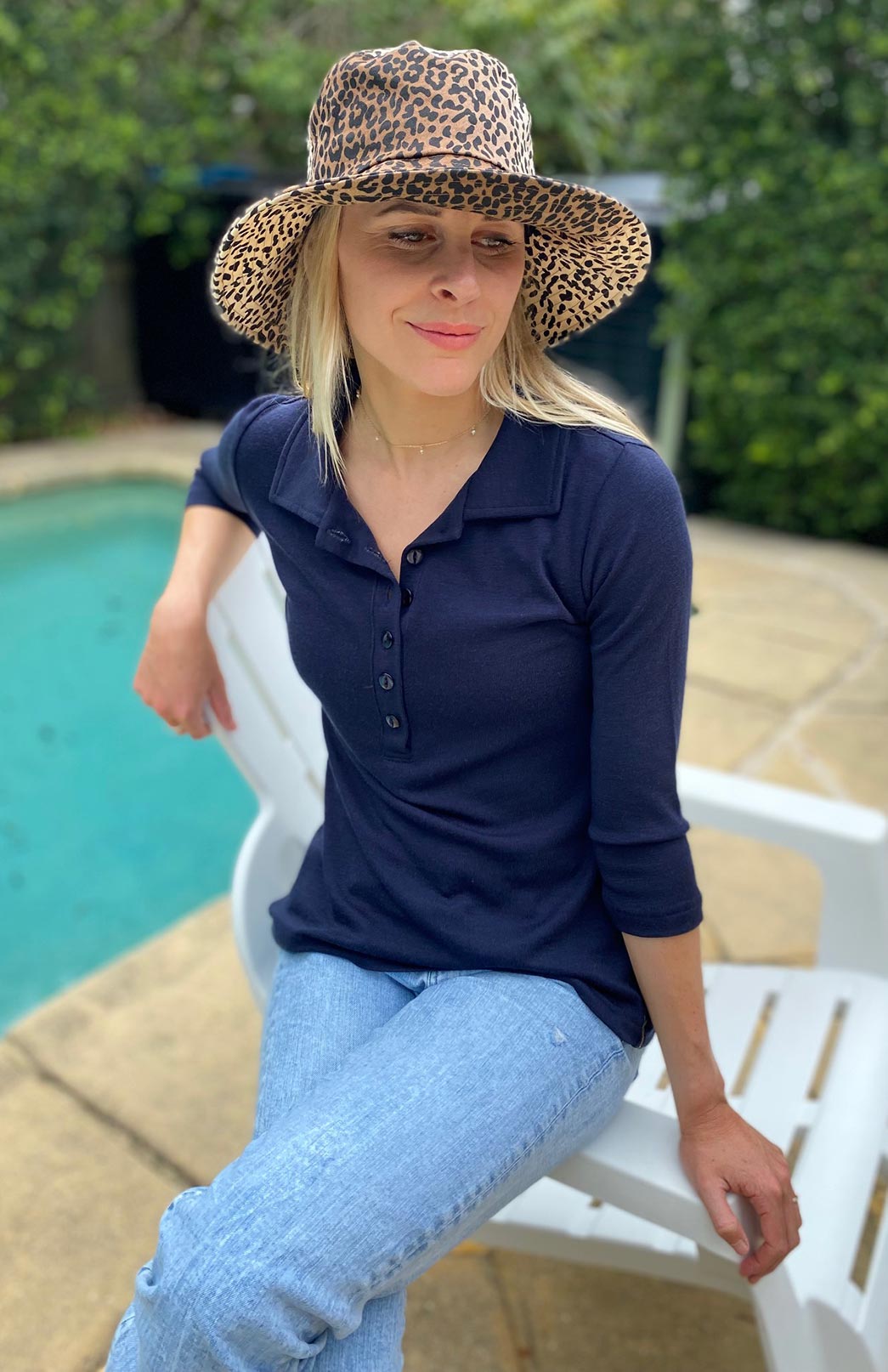 French Navy Blue Women's Merino Wool Collared 7/8 Sleeve Top with Buttons