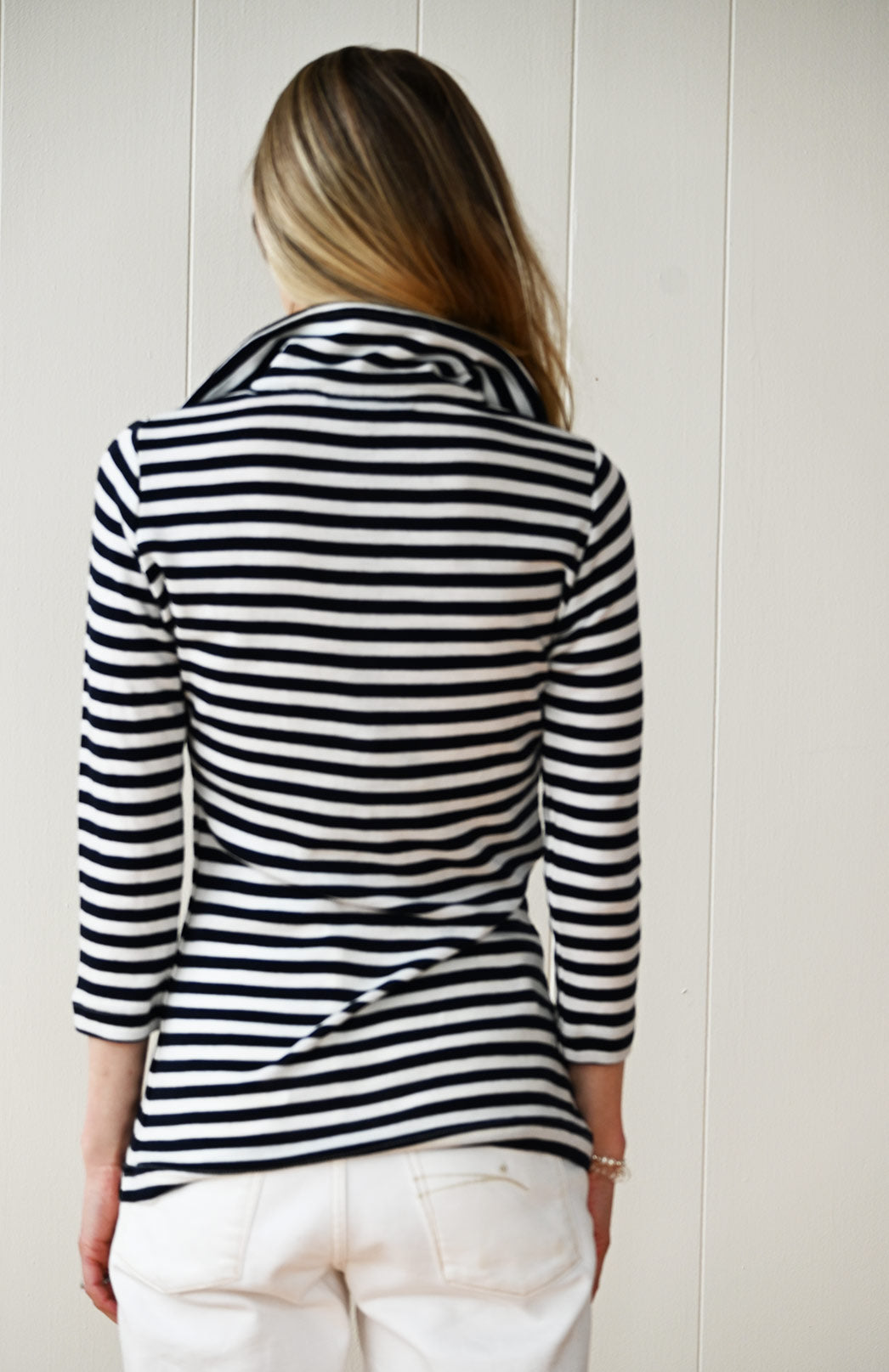 Navy Blue and Ivory Stripe Women's Merino Wool Collared 7/8 Sleeve Top with Buttons