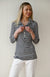 Navy Blue and Ivory Stripe Women&#39;s Merino Wool Collared 7/8 Sleeve Top with Buttons
