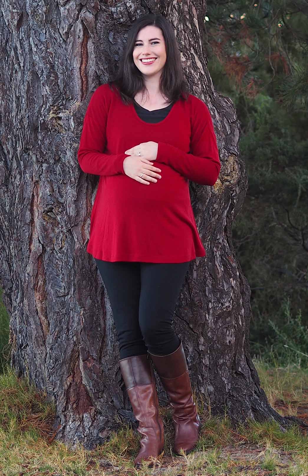 Cherry Red Women's Merino Wool Long Sleeve Top with Raglan Sleeves