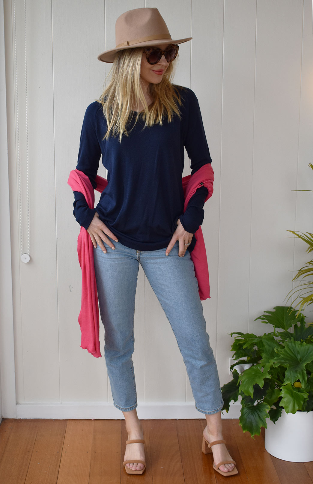 French Navy Blue Women's Merino Wool Long Sleeve Top with Raglan Sleeves