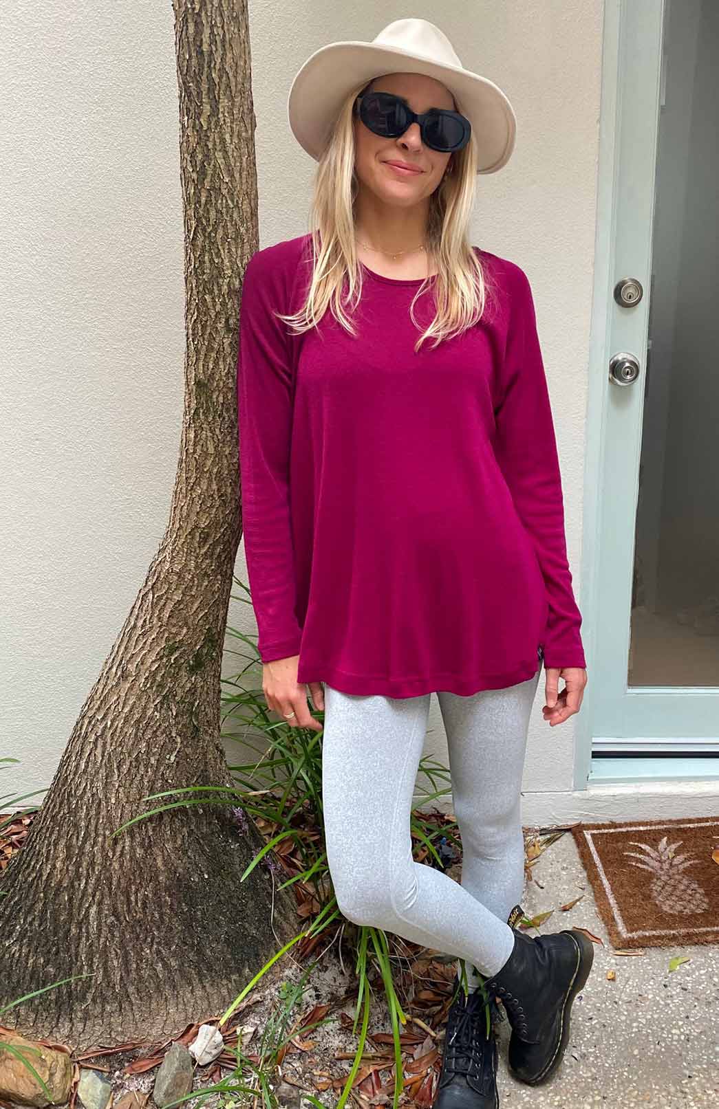 Magenta Women's Merino Wool Long Sleeve Top with Raglan Sleeves