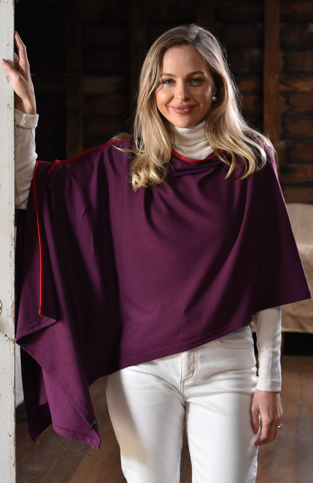 Aubergine Purple with Red Trim Women&#39;s Asymmetrical Merino Wool Poncho with Contrast Trim
