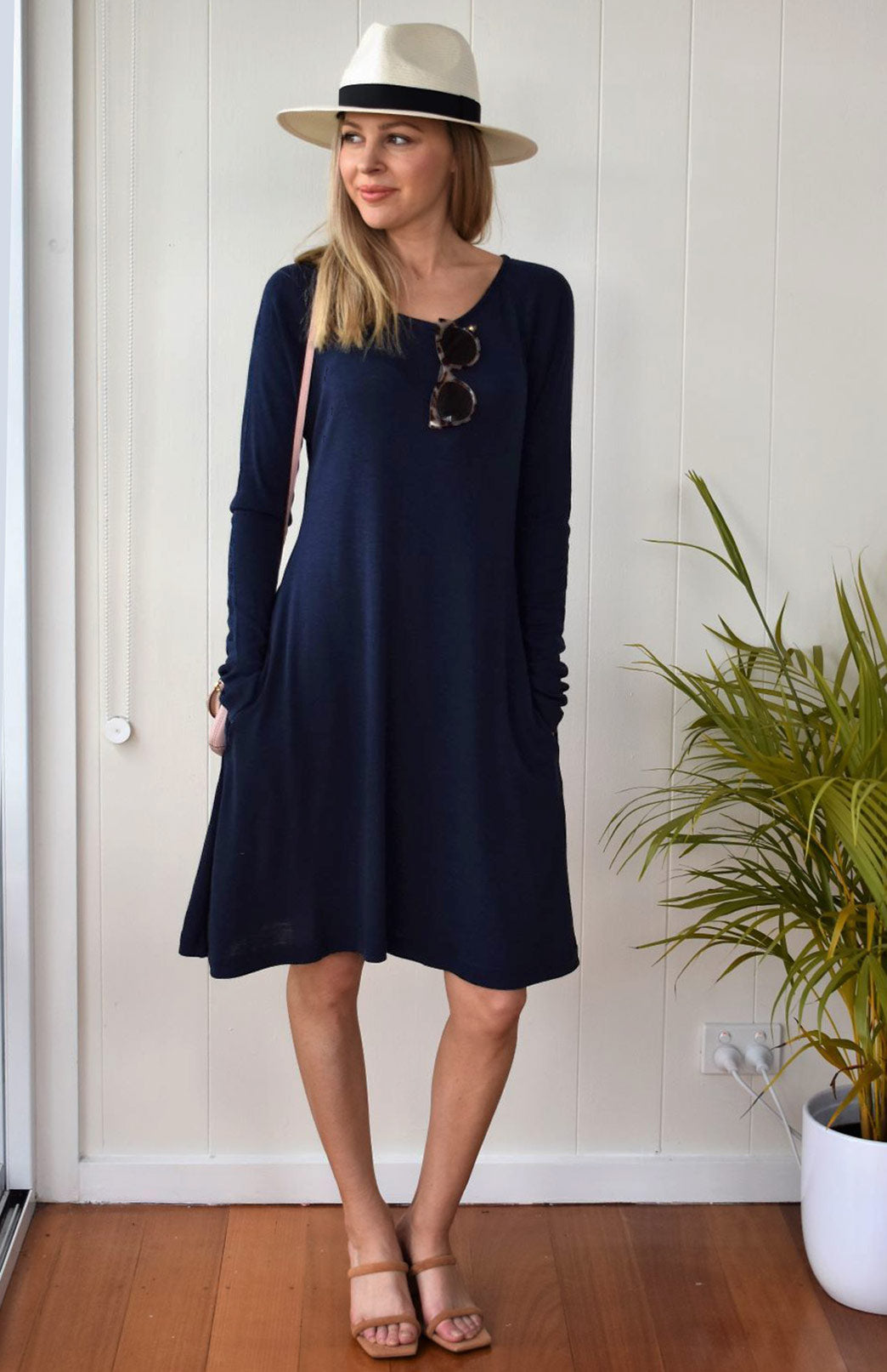 Navy Blue Women's Merino Wool Swing Dress with Long Sleeves