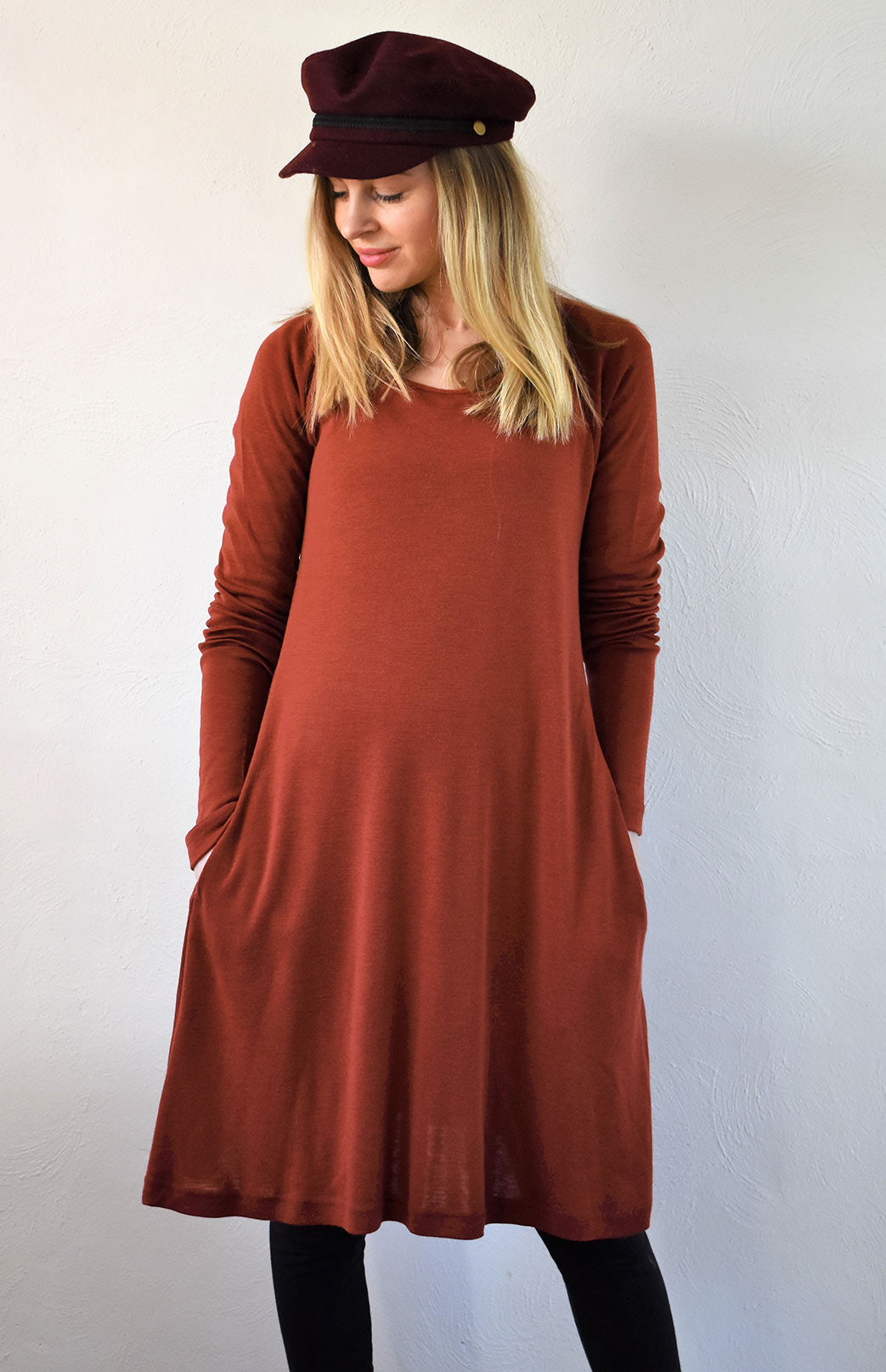 Shiraz Red Women's Merino Wool Swing Dress with Long Sleeves