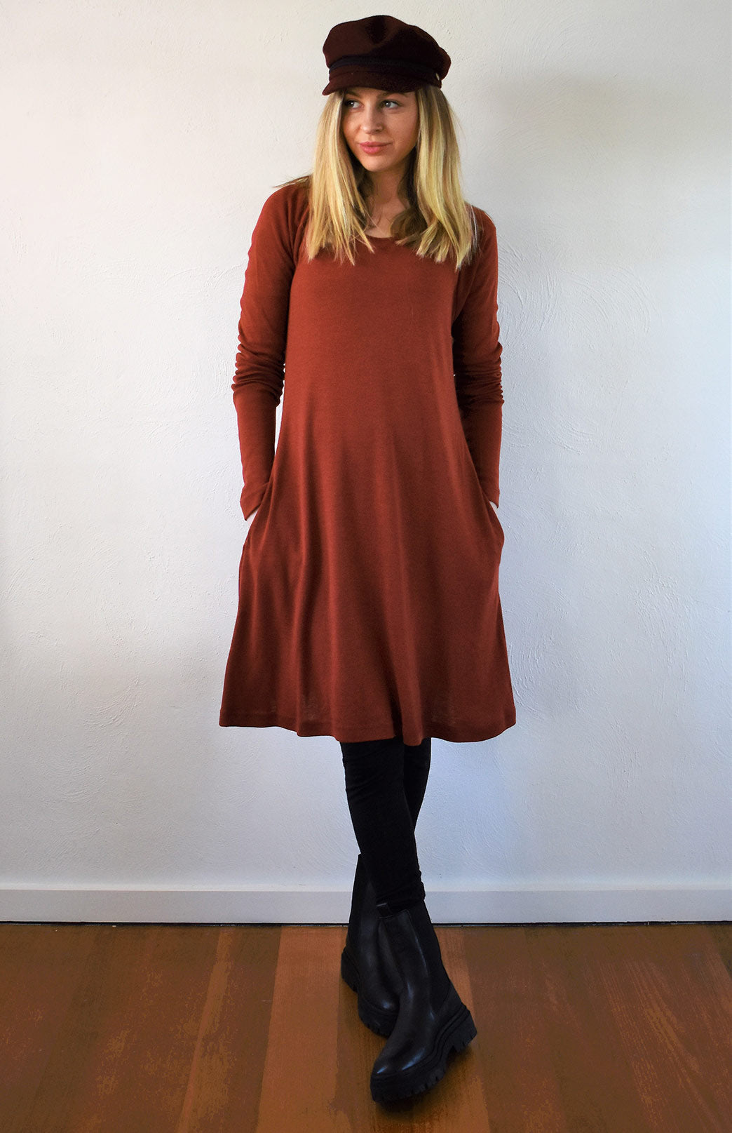 Shiraz Red Women's Merino Wool Swing Dress with Long Sleeves