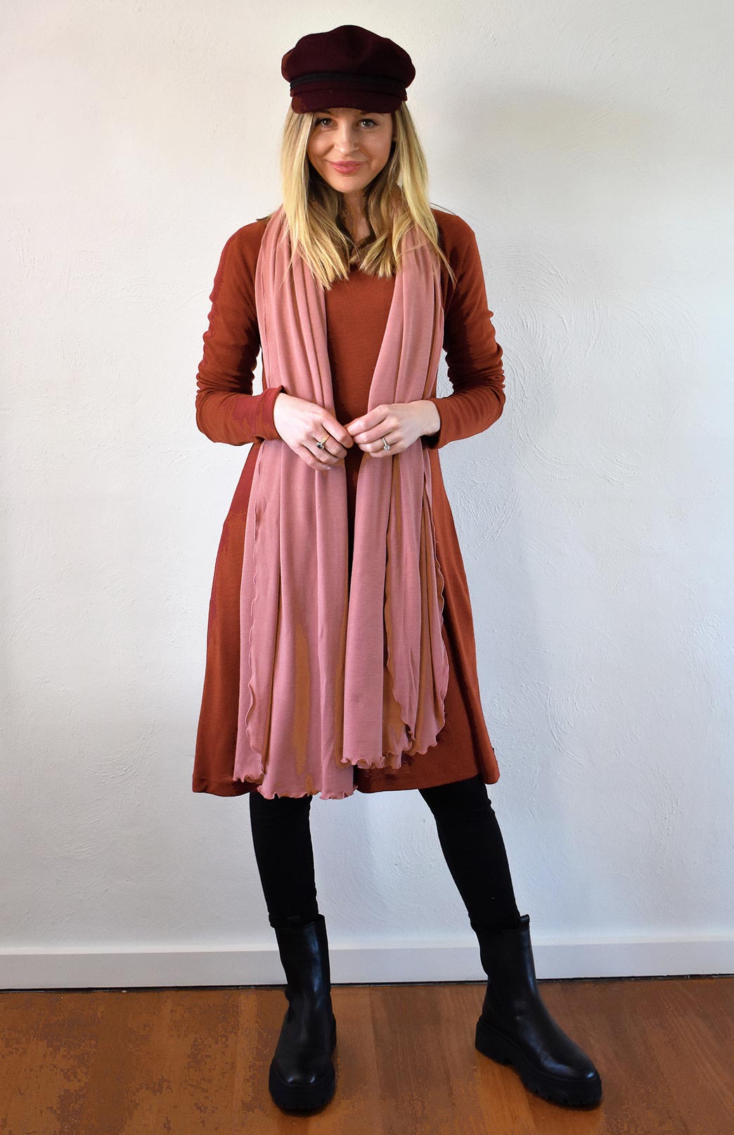 Shiraz Red Women's Merino Wool Swing Dress with Long Sleeves