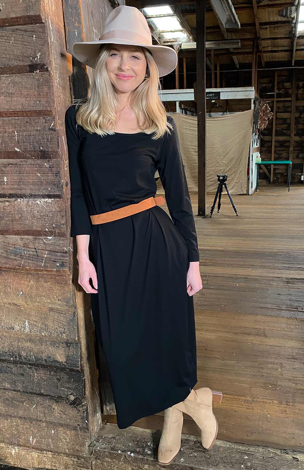 Black Women's Merino Wool Rosebud Dress with Long Sleeves and Pockets
