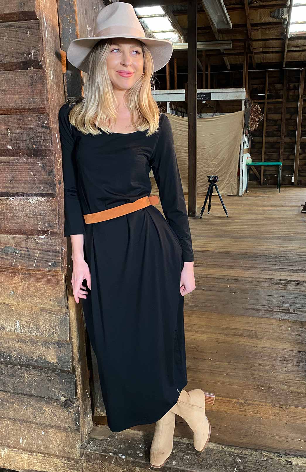 Black Women's Merino Wool Rosebud Dress with Long Sleeves and Pockets
