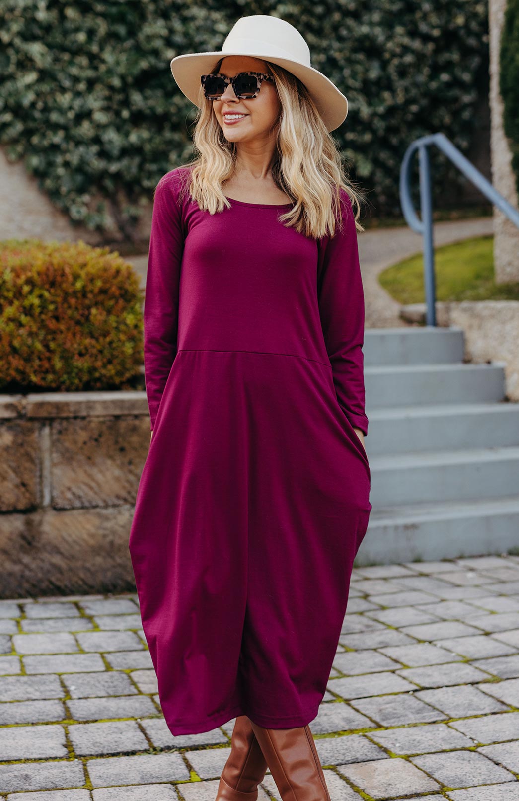 Magenta Women&#39;s Merino Wool Rosebud Dress with Long Sleeves and Pockets
