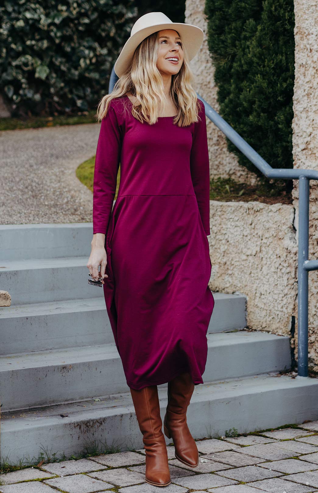 Magenta Women's Merino Wool Rosebud Dress with Long Sleeves and Pockets