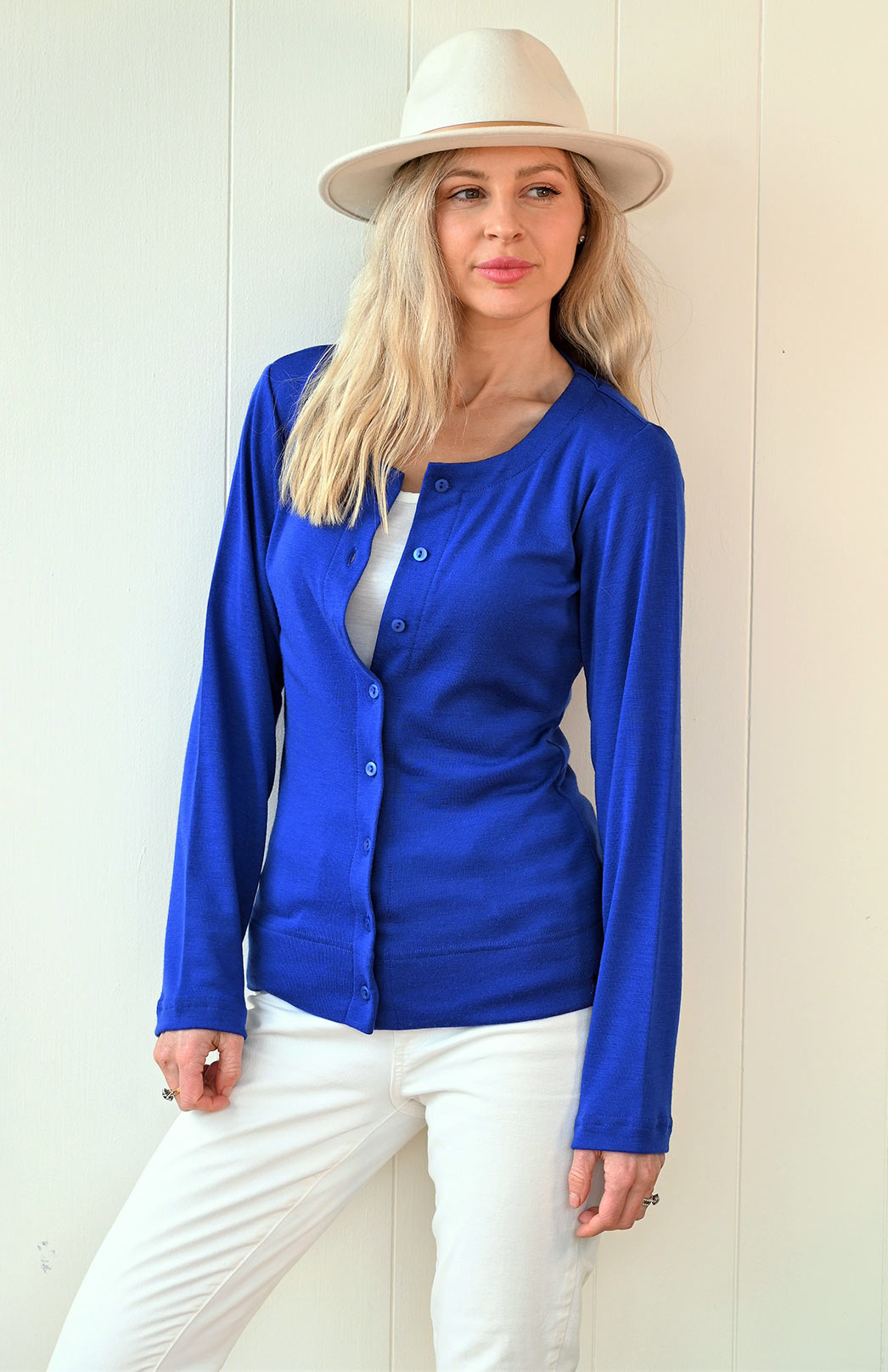 Sapphire Blue Women's Merino Wool Round Neck Cardigan