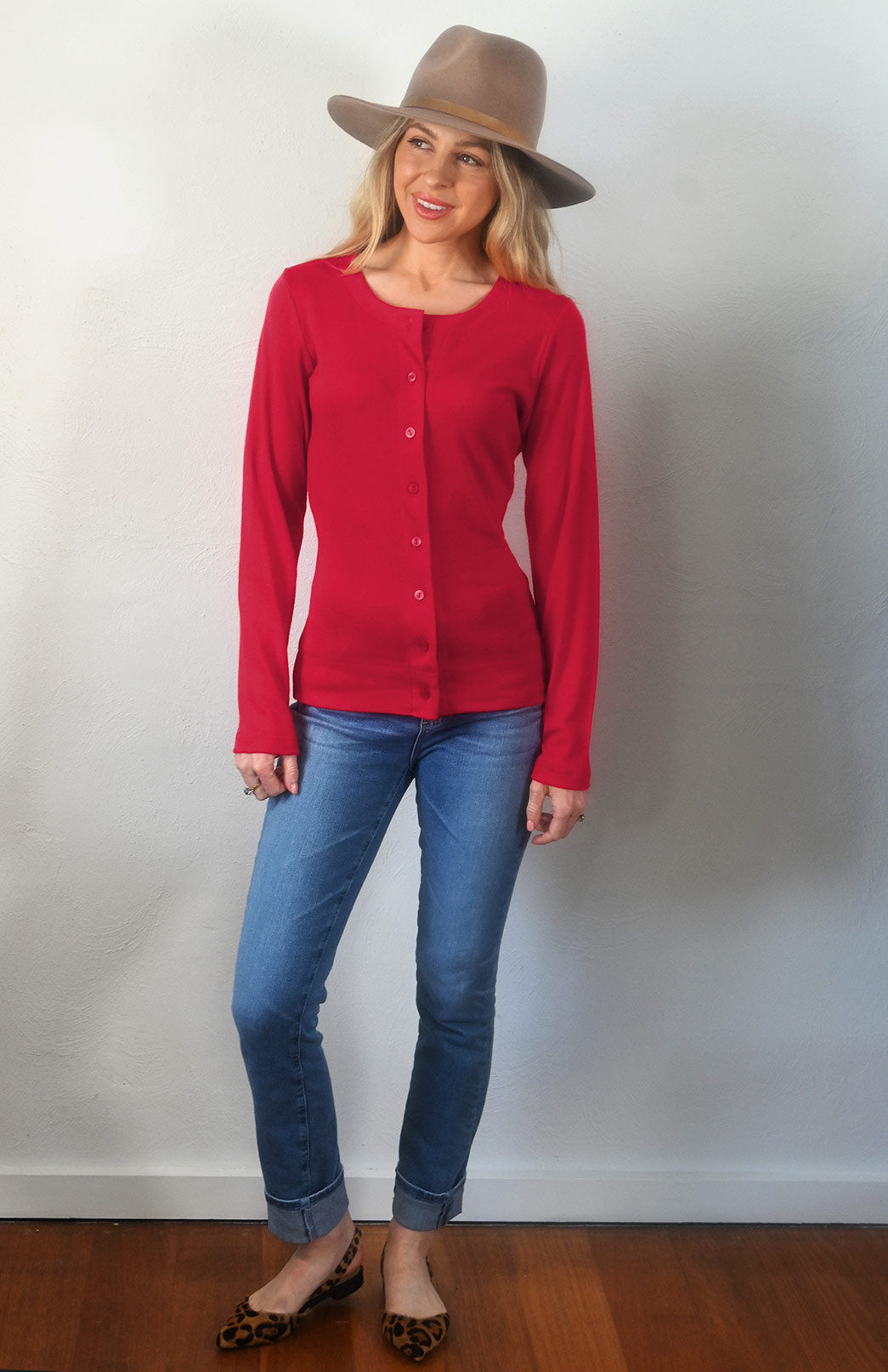 Scarlet Red Women's Merino Wool Round Neck Cardigan