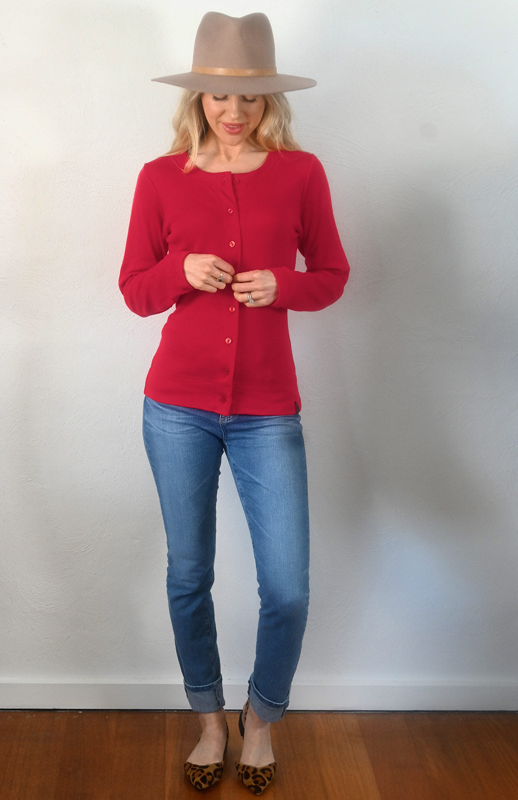 Scarlet Red Women's Merino Wool Round Neck Cardigan