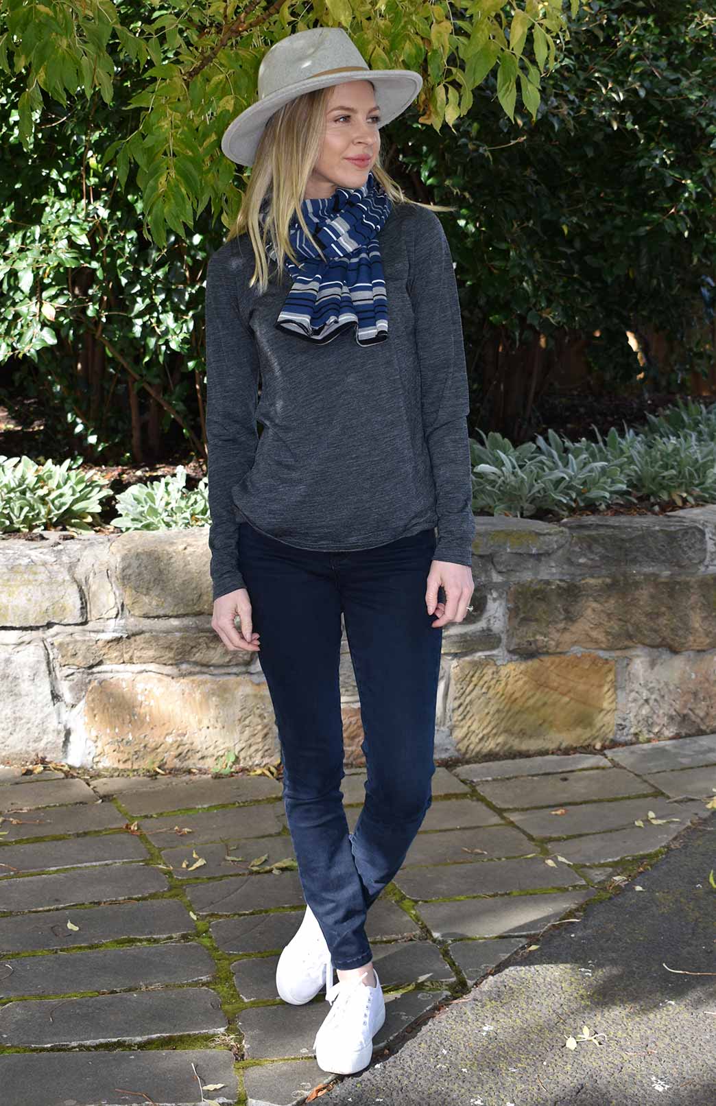 Blue Black Grey Ivory Stripe Women's Merino Wool Multi Striped Scarf