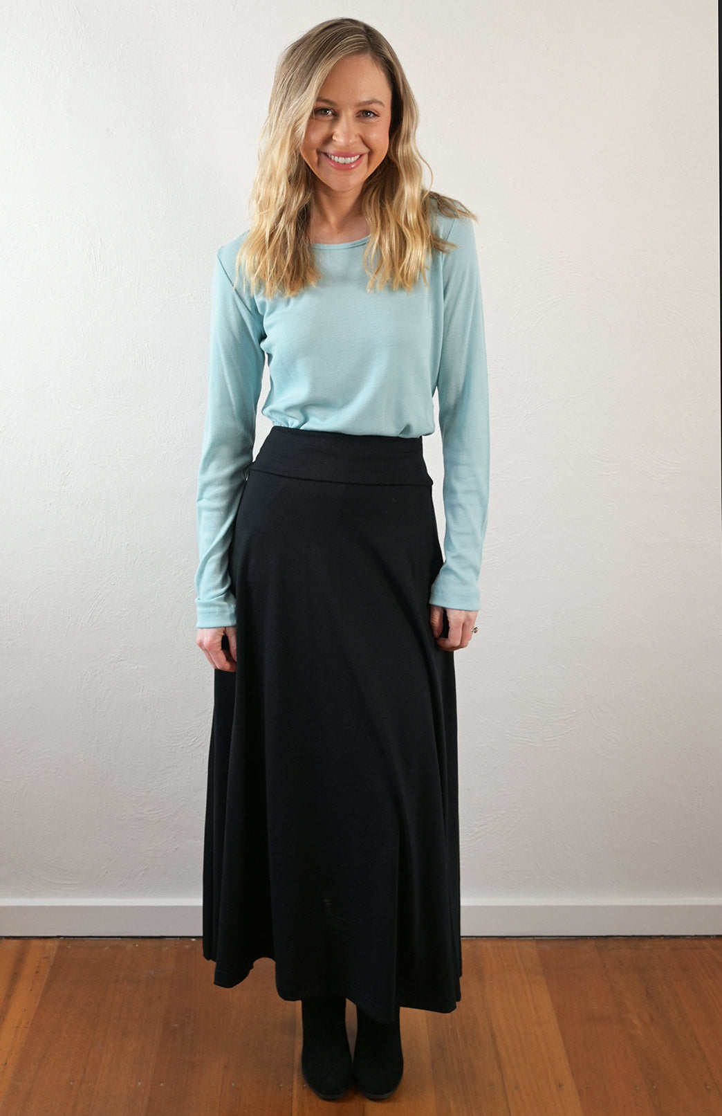 Black Women's Merino Wool Ponte A-Line Midi Skirt