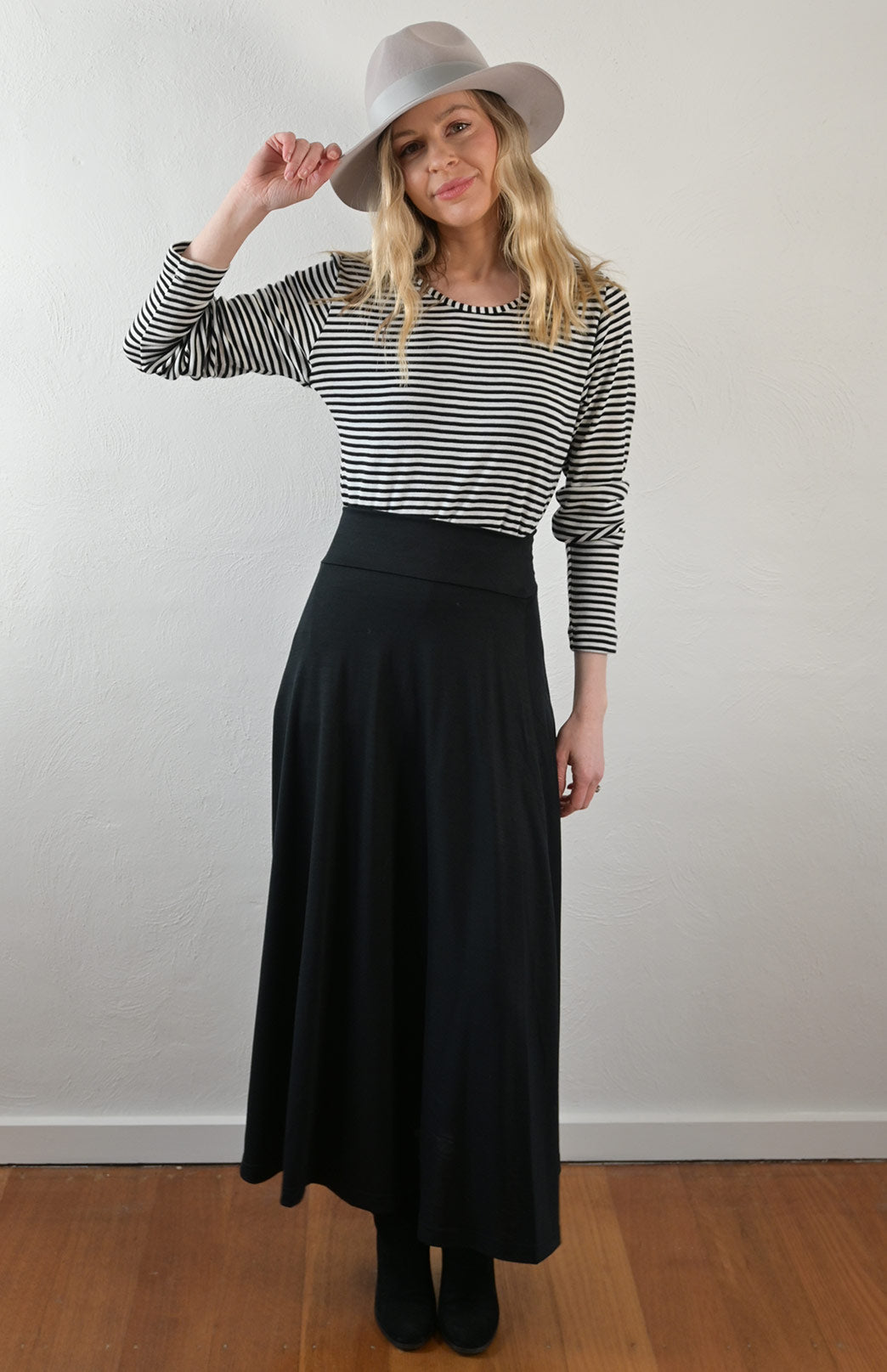 Black Pinstripe Women's Loose Fitting Merino Wool Long Sleeve Top
