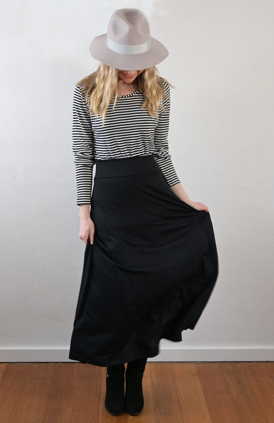 Black Women&#39;s Merino Wool Lightweight A-Line Midi Skirt
