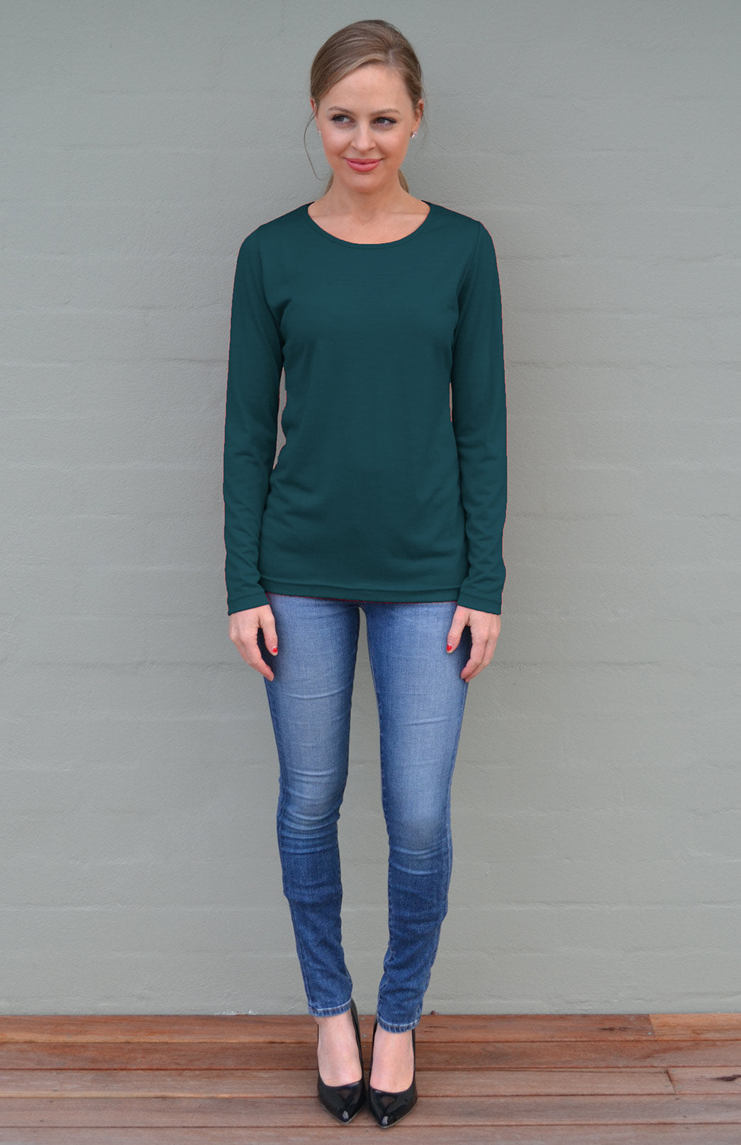 Deep Sea Green Women's Merino Wool Long Sleeve Relax Fit Pyjama Top