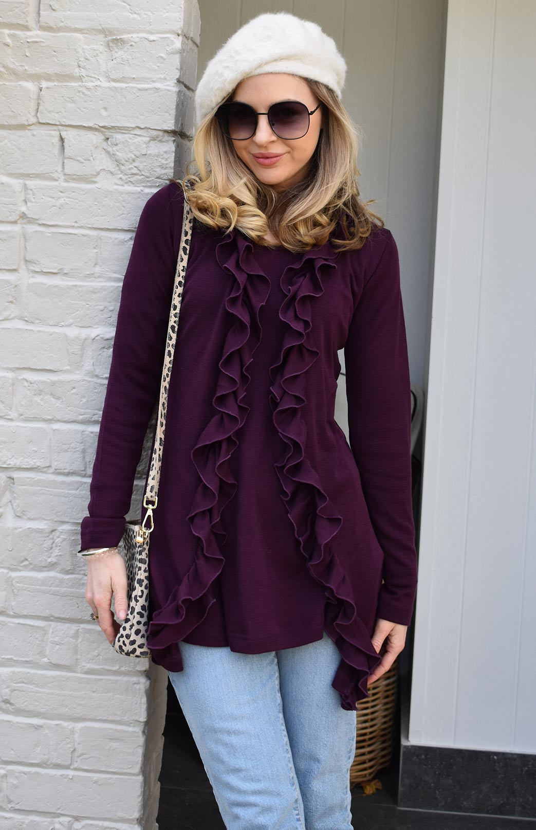 Aubergine Purple Women's Merino Wool Long Sleeve Top with Raglan Sleeves