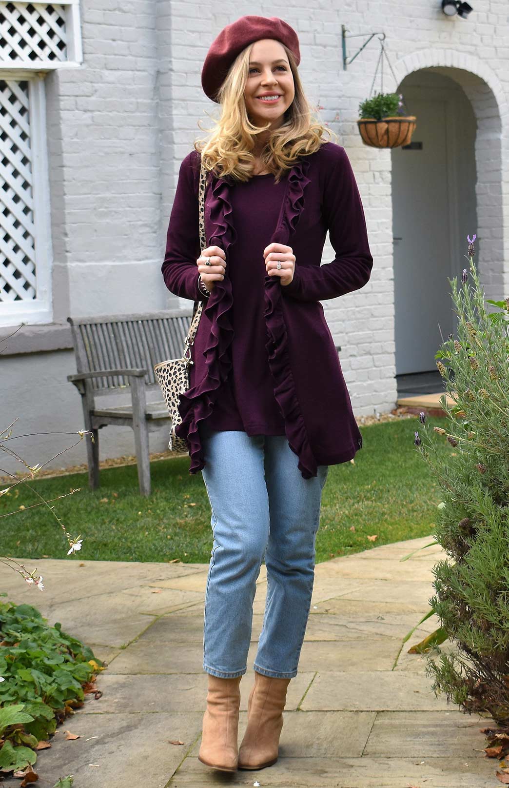 Aubergine Purple Women's Merino Wool Cardigan with Ruffled Collar