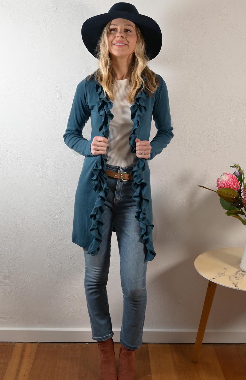 Storm Teal Women's Merino Wool Cardigan with Ruffled Collar