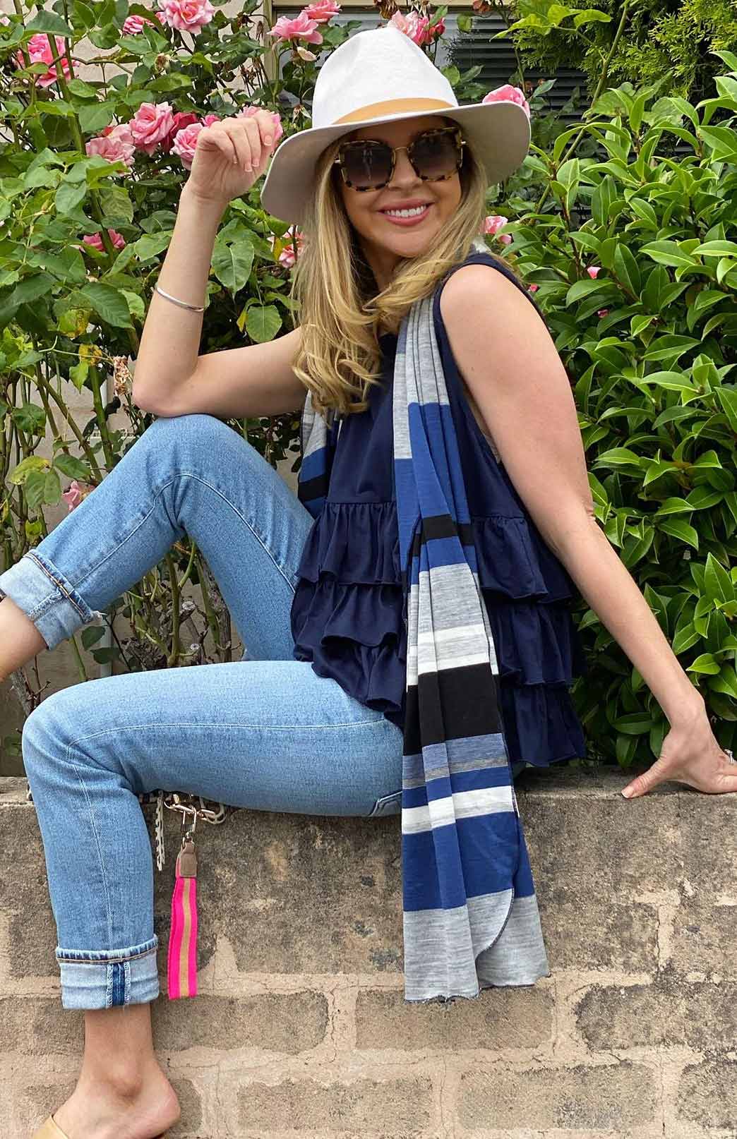 Denim Grey & Black Stripe Women's Merino Wool Multi Striped Scarf