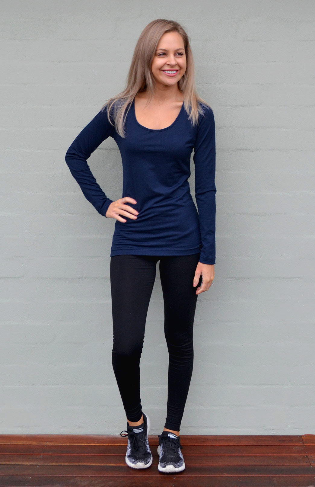 Navy Blue Women's Merino Wool Long Sleeve Fashion &amp; Layering Top