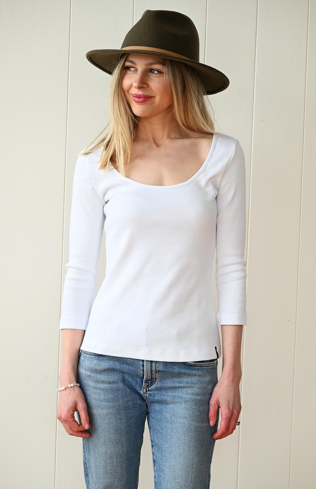 Crisp White Women's Super Scoop Neck 3/4 Sleeve Organic Cotton Top
