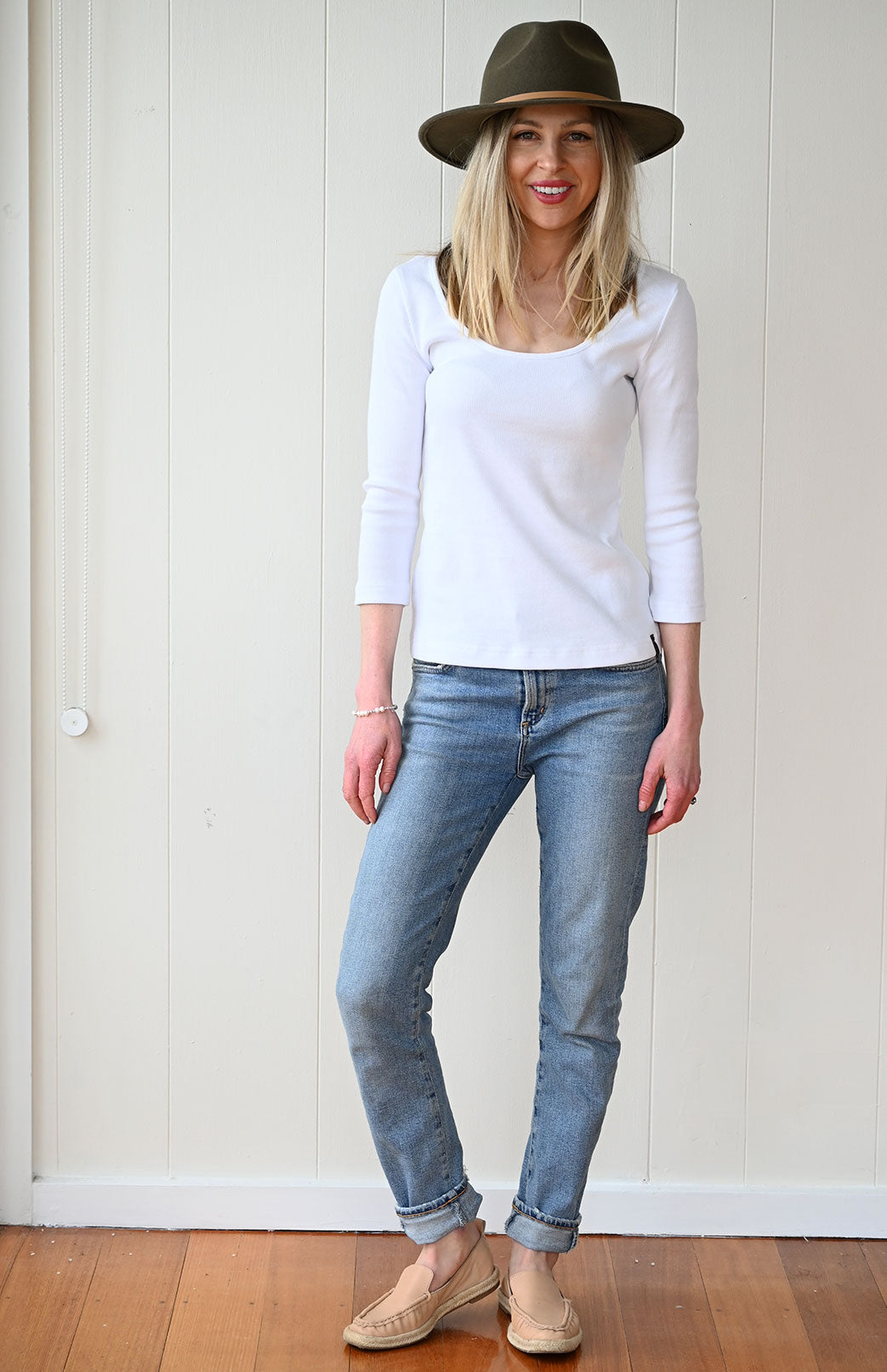 Crisp White Women's Super Scoop Neck 3/4 Sleeve Organic Cotton Top