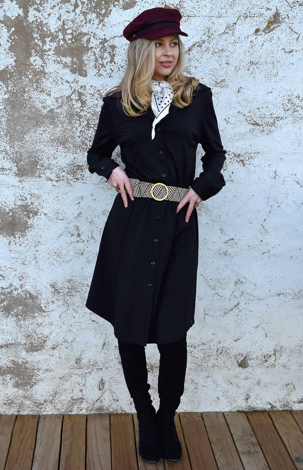 Burnt Orange Women&#39;s Merino Wool Long Sleeve Shirt Dress with Collar and Waist Tie
